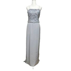 Jovani Vintage Grey Beaded lace gown spahgetti strap lace train Size 6